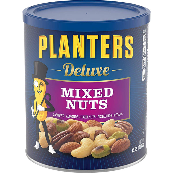 PLANTERS Deluxe Mixed Nuts with Hazelnuts, 15.25 oz. Resealable Canister | Cashews, Almonds, Hazelnuts, Pistachios & Pecans Roasted in Peanut Oil with Sea Salt | Kosher Savory Snack
