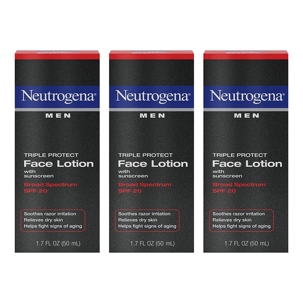 Neutrogena Triple Protect Men's Daily Face Lotion with Broad Spectrum SPF 20 Sunscreen, Men's Anti-Aging Facial Moisturizer to Soothe Razor Irritation & Relieve Dry Skin, 3 x 1.7 fl. oz