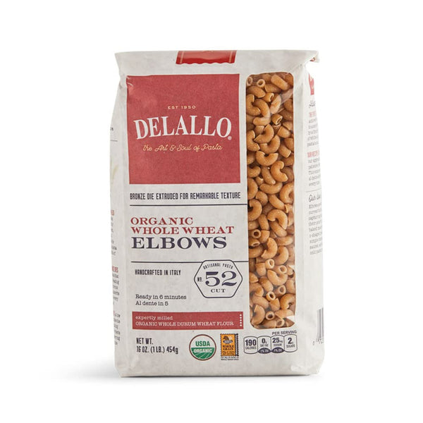 DeLallo Organic Whole Wheat Elbow Macaroni, 1lb Package, 8-Pack