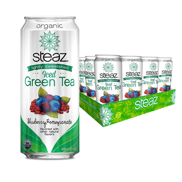 Steaz Organic Lightly Sweetened Iced Green Tea, Blueberry Pomegranate, 16 FL OZ (Pack of 12)