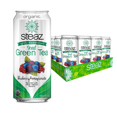 Steaz Organic Lightly Sweetened Iced Green Tea, Blueberry Pomegranate, 16 FL OZ (Pack of 12)