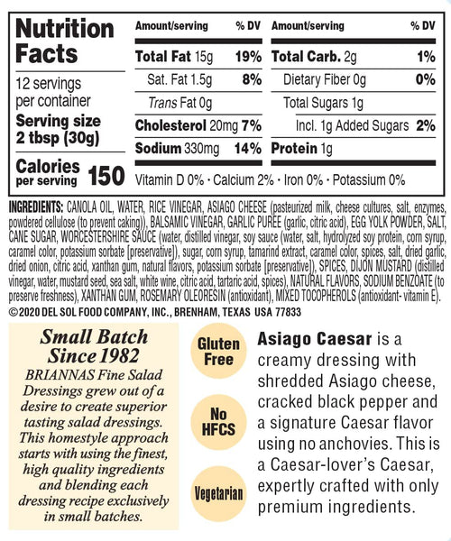 BRIANNAS Asiago Caesar Salad Dressing | Gluten Free, Nut Free, Vegetarian | Made in Small Batches - 12 Fl Oz (2 Pack)