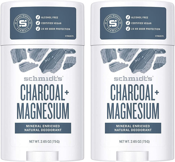 Schmidt's Deodorant Stick Charcoal + Magnesium 3.25 oz (Pack of 2) - Free of Aluminum, Vegan, Natural and Cruelty-Free