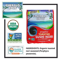 Emerald Cove Organic Toasted Pacific Sushi Nori Sheets, 5.4 Oz, 10 Count, Pack of 6