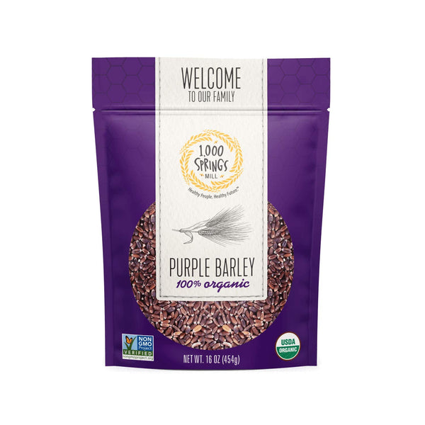 1000 Springs Mill - Organic Purple Barley | Used for Cereals, Salads, Whole Wheat Barley Bread, Fresh Barley Flour, Sprouting Seeds, and more | Bulk Dried Grain | Resealable Bag | 16oz (Pack of 1)