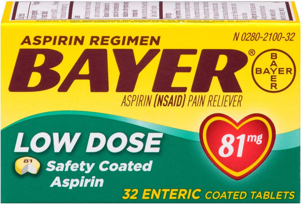 Aspirin Regimen Bayer 81mg Enteric Coated Tablets, #1 Doctor Recommended Aspirin Brand, Pain Reliever, 32 Count
