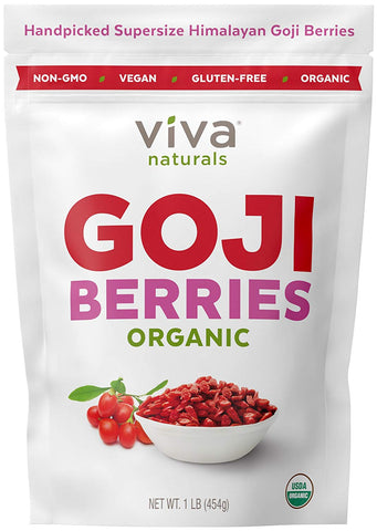 Viva Naturals Organic Dried Goji Berries, 1lb - Premium Himalayan Berries Perfect for Baking, Teas, Trail Mixes and More