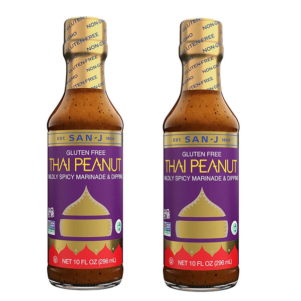 San-J Gluten Free Thai Peanut Sauce | Kosher, Non GMO, No Artificial Preservatives, FODMAP Friendly | Perfect Mildly Spicy Dipping Sauce for Your Favorite Dishes | 10 Fl Oz (Pack of 2)