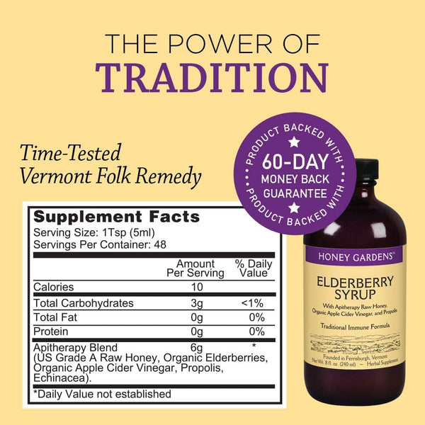 Honey Gardens Elderberry Syrup with Apitherapy Raw Honey, Propolis & Elderberries | Traditional Immune Formula w/Echinacea | 8 fl. oz.