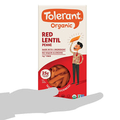 Tolerant Organic Red Lentil Penne Pasta (8 oz, Case of 6) - Free from Allergens - Gluten Free, Vegan, Paleo, Plant Based Protein Pasta - Non GMO, Kosher - Made with 1 Single Ingredient