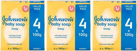 Johnson's Baby Soap with Baby Oil and a Touch of Honey, 100 G / 3.5 Oz Each, 4 Count (Pack of 3) 12 Bars Total