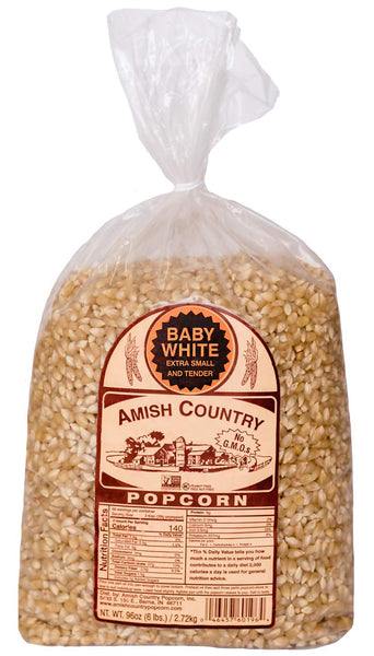 Amish Country Popcorn | 6 LB Baby White Small & Tender Popcorn | Old Fashioned, Non GMO, Gluten Free, Microwaveable and Kosher with Recipe Guide (Baby White, 6 Lb Bag)
