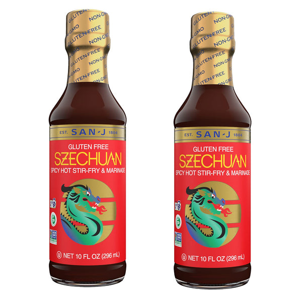 San-J Gluten Free Szechuan Cooking Sauce | Hot & Spicy Marinade & Stir Fry | Kosher, Non GMO, No Artificial Preservatives | Add a New Spicy Twist to Your Favorite Dish | 10 Fl Oz (Pack of 2)