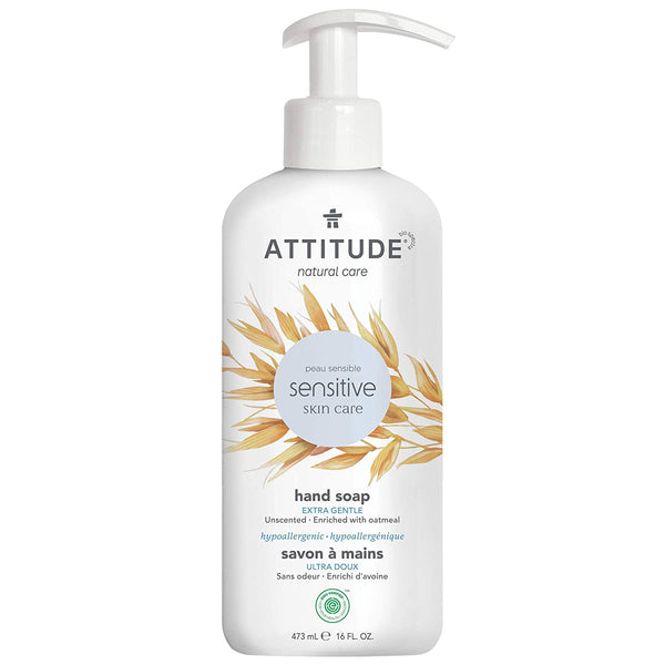 ATTITUDE Hand Soap For Dry Itchy Sensitive Skin (Dermatologist tested/Hypoallergenic EWG Verified/Vegan/Cruelty free/Fragrance Free), Unscented, 16 Fl Oz