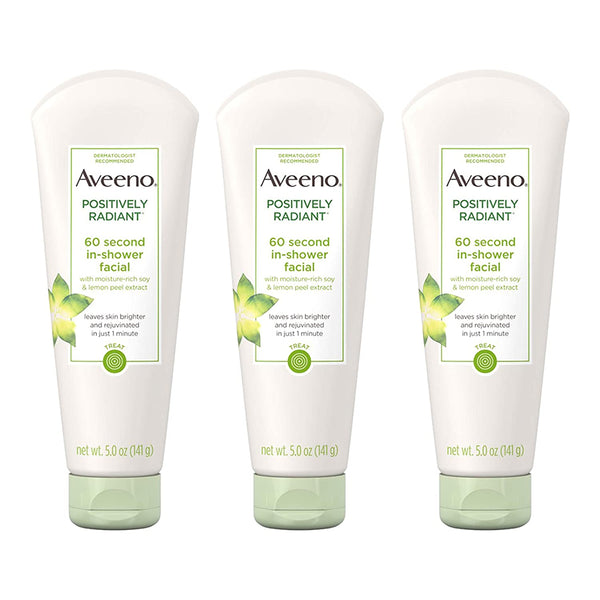Aveeno Positively Radiant 60 Second In-Shower Facial Cleanser, Brightening Mask With Moisture-Rich Soy, Lemon Peel Extract, Glycolic Acid, and Kaolin Clay, 5 oz (Pack of 3)
