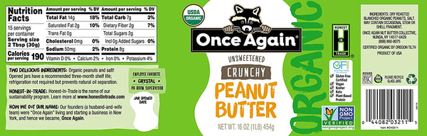 Once Again Organic Crunchy Peanut Butter Lightly Salted Unsweetened oz Jar, 16 Ounce