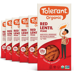 Tolerant Organic Red Lentil Penne Pasta (8 oz, Case of 6) - Free from Allergens - Gluten Free, Vegan, Paleo, Plant Based Protein Pasta - Non GMO, Kosher - Made with 1 Single Ingredient