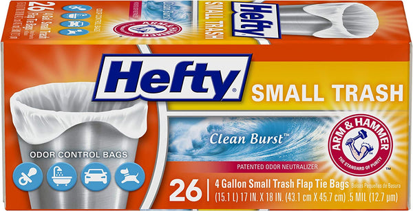 Hefty Small Garbage Bags, Flap Tie, Clean Burst Scent, 4 Gallon, 26 Count