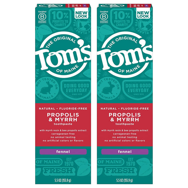 Tom's of Maine Fluoride-Free Propolis & Myrrh Natural Toothpaste, Fennel, 5.5 oz. 2-Pack (Packaging May Vary)