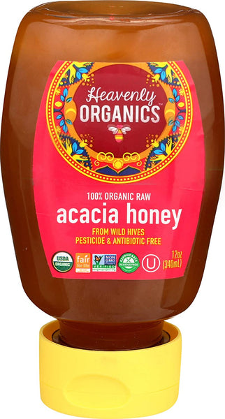 Heavenly Organics 100% Organic Raw Acacia Honey (12 oz Squeeze Bottle) Made from Wild Beehives & Free Range Bees; Dairy, Nut, Gluten-Free, Kosher