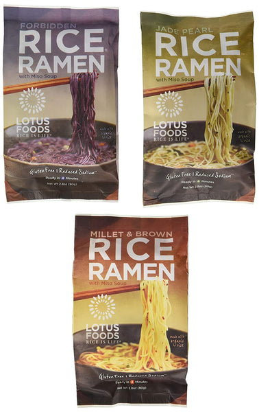 Lotus Foods Gluten Free Rice Vegan Ramen & Miso Soup 3 Flavor 6 Bag Variety Bundle: (2) Millet & Brown Rice Ramen, (2) Forbidden Rice Ramen, and (2) Jade Pearl Rice Ramen, 2.8 Oz Ea (6 Tot)