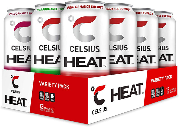 CELSIUS HEAT Performance Energy Drink 3-Flavor Variety Pack #3, ZERO Sugar, 16oz. Can, 12 Pack