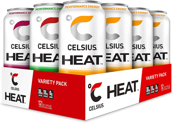 CELSIUS HEAT Performance Energy Drink 3-Flavor Variety Pack #2, ZERO Sugar, 16oz. Can, 12 Pack