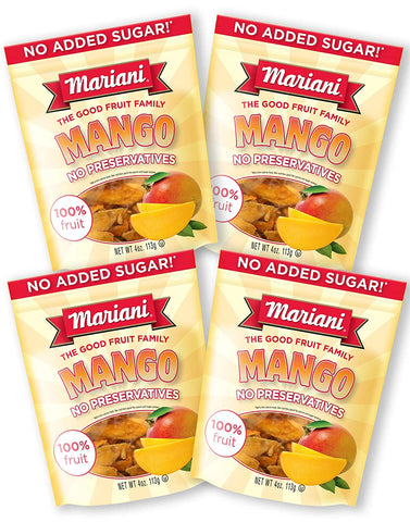 Mariani - Dried Mango - 4oz (Pack of 4) - Unsweetened & Unsulfured - 100% Fruit - Gluten Free, Vegan, No Preservatives, Resealable Bag - Healthy Snack for Kids & Adults