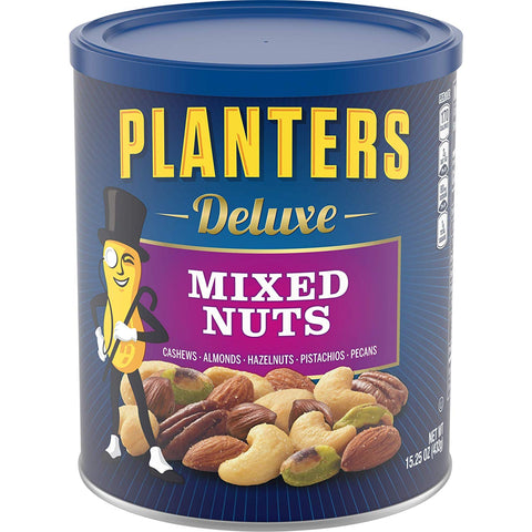 PLANTERS Deluxe Mixed Nuts with Hazelnuts, 15.25 oz. Resealable Canister | Cashews, Almonds, Hazelnuts, Pistachios & Pecans Roasted in Peanut Oil with Sea Salt | Kosher Savory Snack