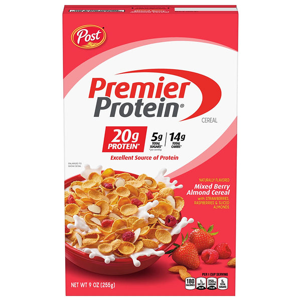 Post Premier Protein Mixed Berry Almond cereal, high protein cereal, protein-rich breakfast or snack made with real berries and almonds, 9 Ounce - 1 count