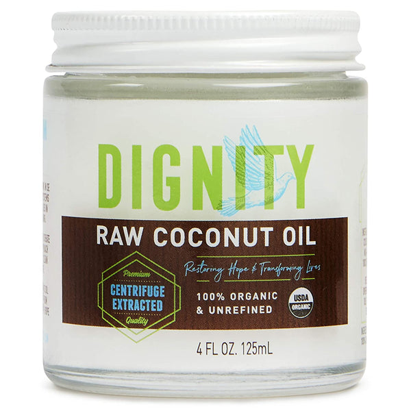 Dignity Coconuts Raw Coconut Oil - 100% Organic Unrefined Coconut Oil - 4 fl oz Plastic Jar - Centrifuge Extracted