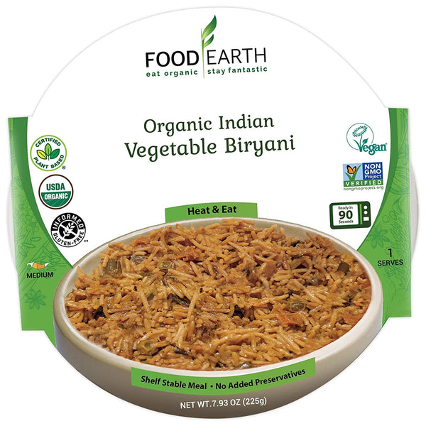 Food Earth - Vegetable Biryani Meal - Ready to Eat Indian Cuisine - Organic, Gluten-Free, GMO-Free - Healthy Microwavable Meals - Pre-packaged Indian Food - auro- Pack of 6