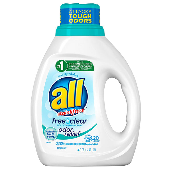 All Liquid Laundry Detergent, Free Clear with Odor Relief, 20 Loads, 36 fl oz