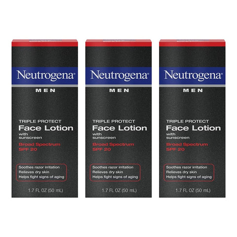 Neutrogena Triple Protect Men's Daily Face Lotion with Broad Spectrum SPF 20 Sunscreen, Men's Anti-Aging Facial Moisturizer to Soothe Razor Irritation & Relieve Dry Skin, 3 x 1.7 fl. oz