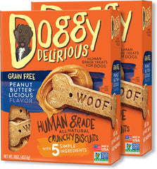 Doggy Delirious Crunchy Dog Treats – for All Pet Sizes, Breeds – All-Natural Puppy Treat – 100% Human-Grade – Delicious Pet Treat Bones, Snacks for Dogs – Grain-Free Peanut Butter, 16 Oz. (2 Pack)