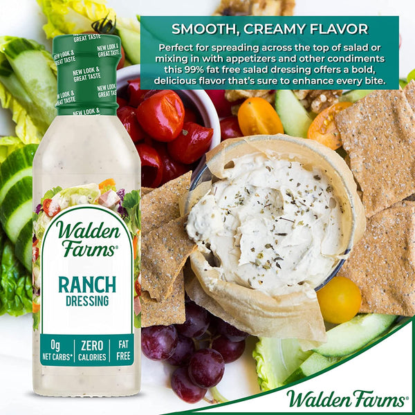 Walden Farms Ranch Dressing, 12 oz Bottle, Fresh and Delicious Salad Topping, Sugar Free 0g Net Carbs Condiment, Cool and Tangy, 2 Pack