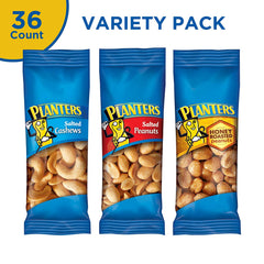 PLANTERS Variety Packs (Salted Cashews, Salted Peanuts & Honey Roasted Peanuts) Individual Bags of On-the-Go Nut Snacks | No Cholesterol or Trans Fats | Source of Fiber and Healthy Fats, 36 Count