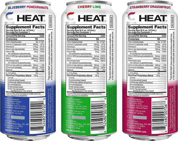 CELSIUS HEAT Performance Energy Drink 3-Flavor Variety Pack #1, ZERO Sugar, 16oz. Can, 12 Pack