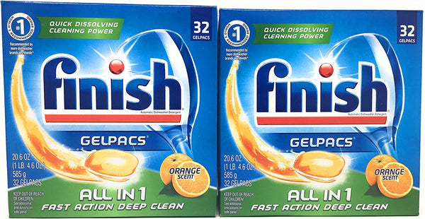 Finish All In 1 Gelpacs, Orange 32 Tabs, Dishwasher Detergent Tablets (Pack of 2)