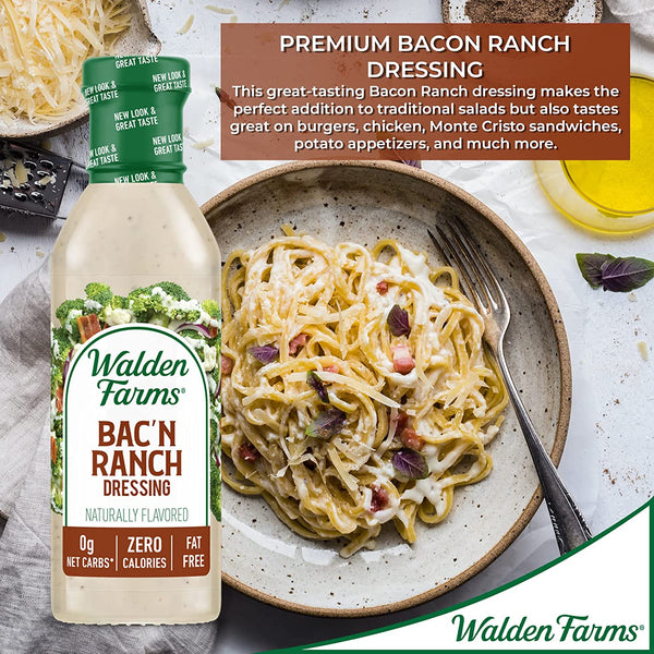 Walden Farms Bacon Ranch Dressing, 12 oz Bottle, Fresh and Delicious Salad Topping, Sugar Free 0g Net Carbs Condiment, Cool and Tangy, 2 Pack